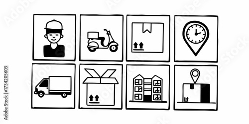 Illustration showing delivery service icons including delivery person scooter package tracking and truck building on transparent background