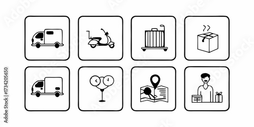 Illustration showing various logistics elements including delivery truck scooter luggage package and more icons on transparent background