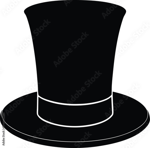 Silhouette of a black top hat with a white band and brim against a white background