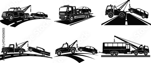 Tow truck illustrations, black and white vehicle recovery graphics, roadside assistance icons, crane lift, flatbed scenes