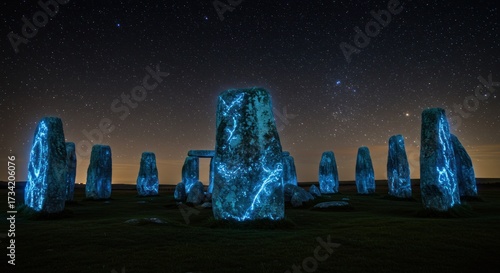 Ancient stones glow under starry night