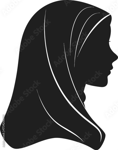 Black silhouette profile of a woman wearing a hijab with white linework on white background