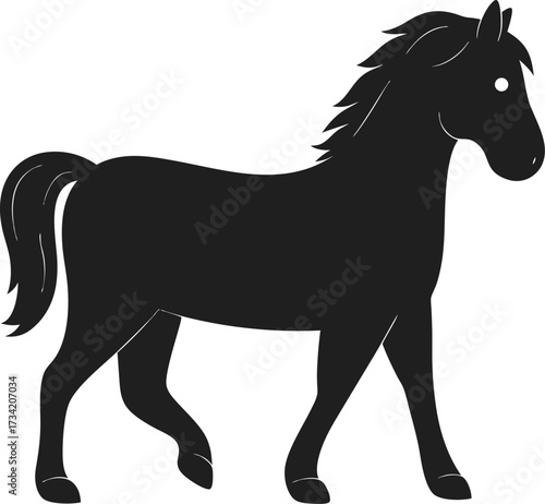 A black silhouette of a horse with a flowing mane and tail is depicted standing