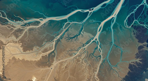 Tie dye aerial view of a river delta with branching waterways and sediment deposits commercial usage