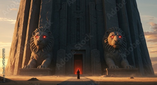 Ancient tower, lions, doorway, desert