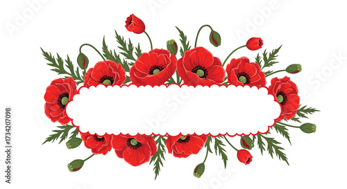 A vibrant cluster of scarlet red poppies adorns a decorative white banner with scalloped edges and delicate green foliage.