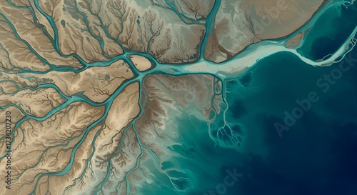 Tie dye aerial view of a river delta with intricate branching waterways meeting the ocean commercial usage