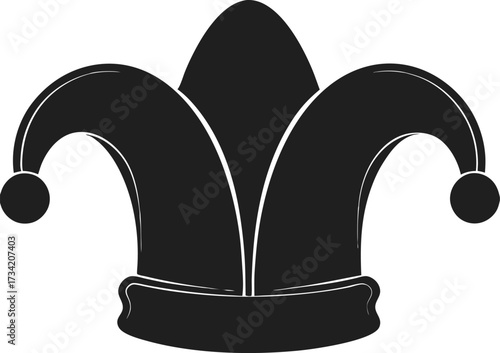 Black jester's hat with three points each tipped with a pompom on a white background