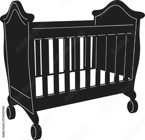 Silhouette of a vintage baby crib with decorative scrollwork and wheels on a white background