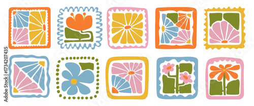 A collection of colorful abstract floral patterns in modern square style. Hand-drawn botanical designs in bold boho style. Perfect for decoration, crafts, textile design, and digital projects.