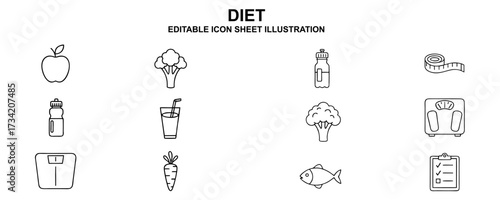 Healthy Eating and Weight Loss Icons Apple, Broccoli, Carrot, Fish, Scale, Smoothie, Water Bottle, Measuring Tape, Checklist