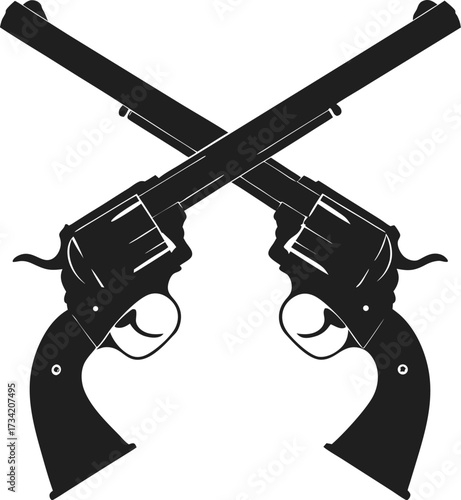 Two black silhouette revolvers crossed against a white background gun weapon