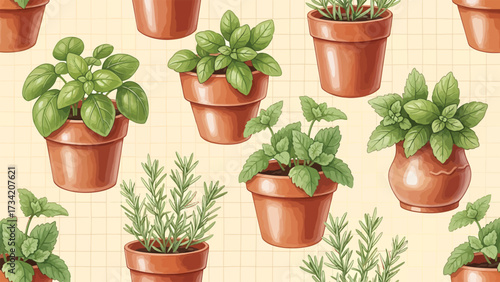 Seamless pattern of potted herbs on a grid background.
