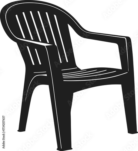 Black plastic outdoor chair with armrests and slatted details isolated on white