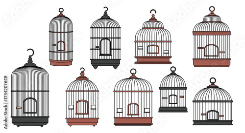 A collection of decorative antique bird cages in various styles and colors.