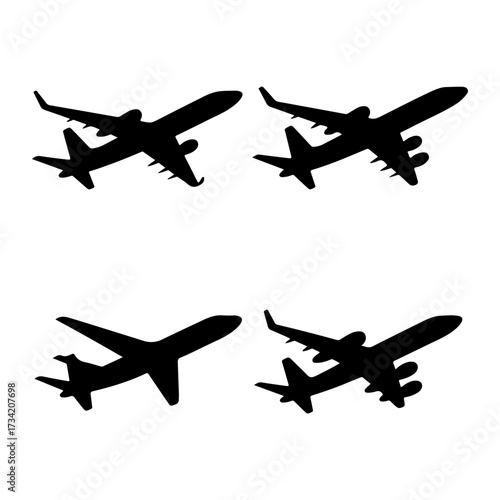 Four Black Silhouettes of Commercial Airplanes on White Background aircraft travel