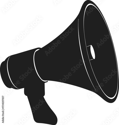 A black silhouette of a megaphone with a white outline on a transparent background