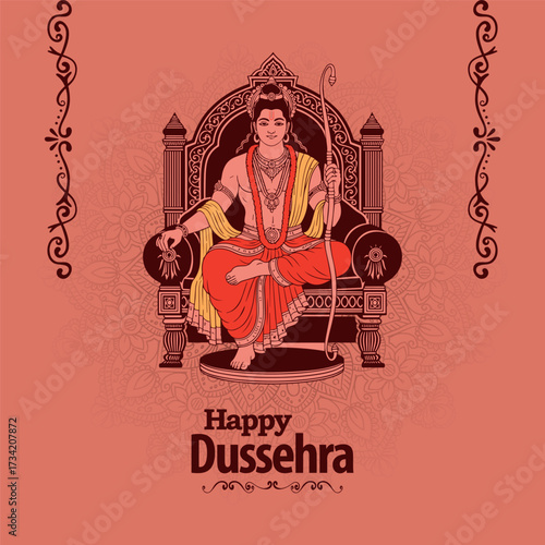 Regal vector illustration of Lord Rama sitting cross-legged on an ornate throne, holding his bow. Features traditional border art and a soft pink-brown background. Happy Dussehra.