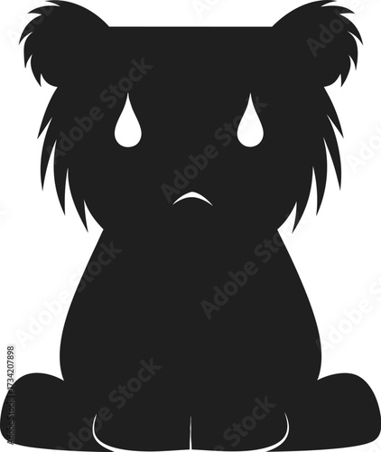Black silhouette of a sad fluffy bear with tears and a downturned mouth