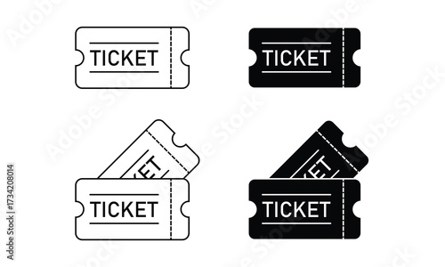 Simple ticket icons in black and white design. Minimalist outline and filled style tickets for events, cinema, concert, festival, entry pass, coupon, or admission illustrations.