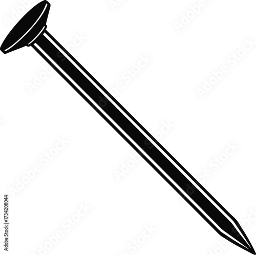 A single black metal nail with a wide head and sharp point positioned diagonally on a white background