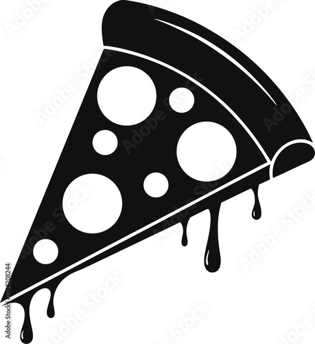 A black silhouette of a pizza slice with dripping cheese against a white background