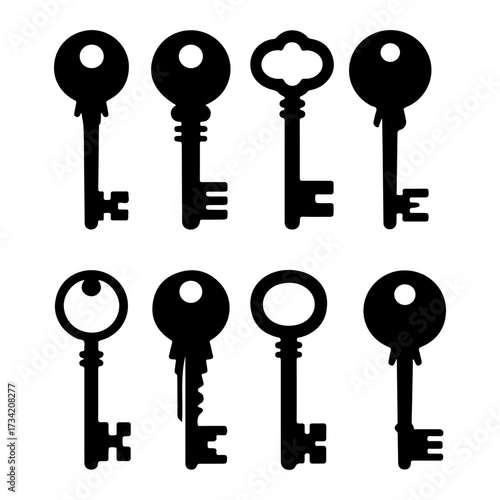 Collection of eight antique and modern black key silhouettes on white keys vintage