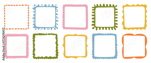 A collection of colorful hand-drawn square frames. Vector decorative borders for scrapbooking, greeting cards, invitations, photo albums, labels, posters, and creative design projects. 