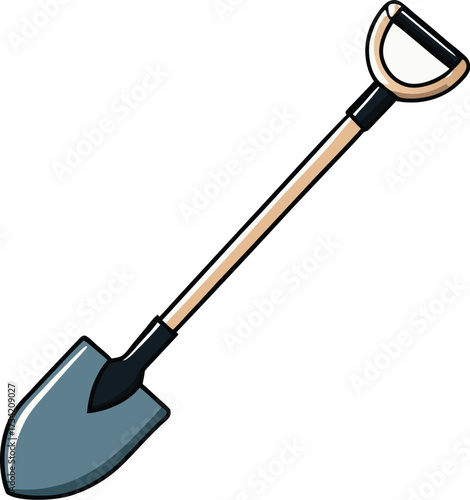 Cartoon shovel with wooden handle and grey metal blade on white background
