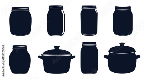 A collection of glass jars and cooking pots silhouetted against a white background.