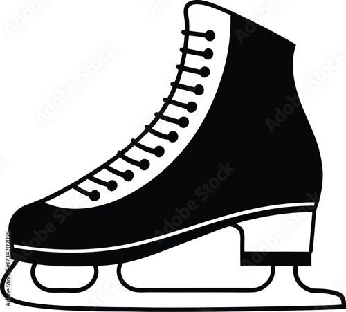 Black and white illustration of a figure ice skate with laces and a sharp blade
