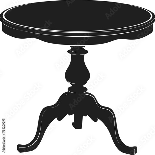 Black silhouette of an antique round pedestal table with ornate legs on a white background