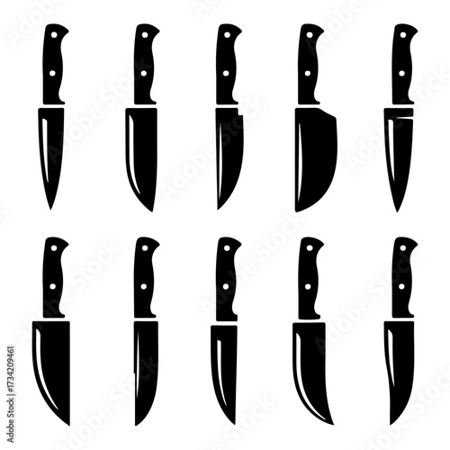Collection of ten black kitchen knife silhouettes with handles on white background cooking
