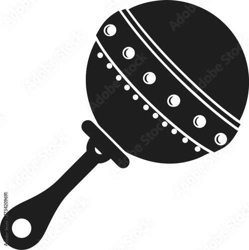 A black silhouette of a classic baby rattle with two bands of white circles