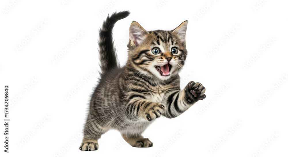 Fototapeta premium A playful tabby kitten with wide blue eyes and an open mouth, captured midpounce with its front paws extended, isolated on a transparent background