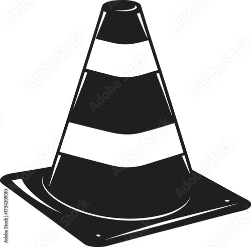 Black and white graphic illustration of a traffic cone with reflective bands on a white background