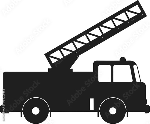 Black silhouette of a fire truck with an extended ladder against a white background