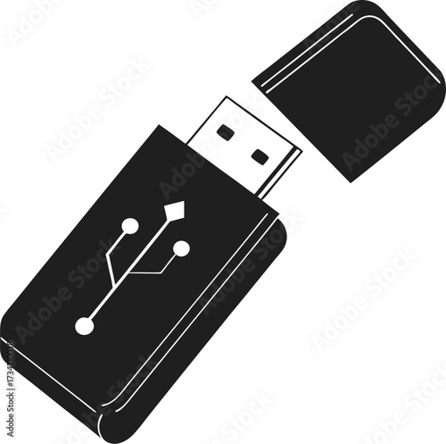 Black icon of a USB flash drive with its cap removed showcasing the connector