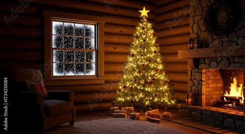 Cozy christmas scene with decorated tree and fireplace in a rustic log cabin home