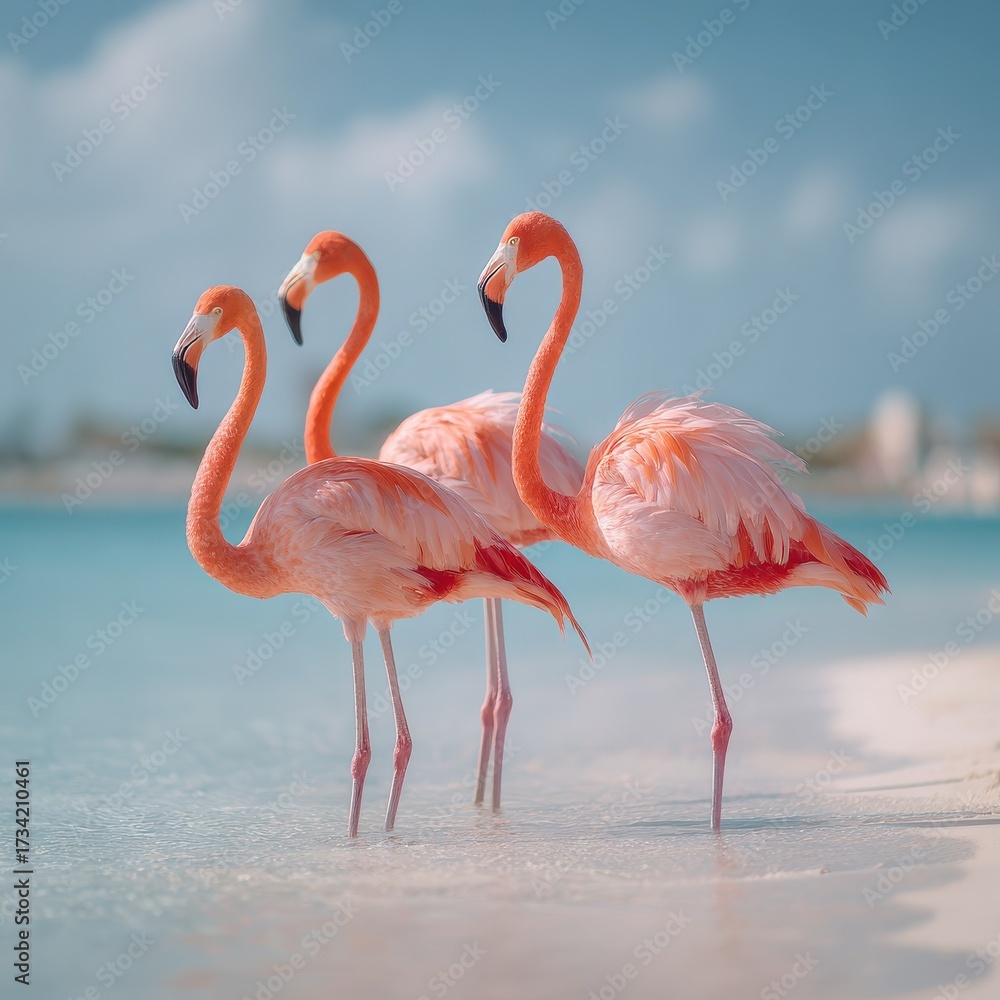 Obraz premium Aruba Flamingos at the Beach: A Couple of Pink Flamingos Wading in the Crystal Clear Water