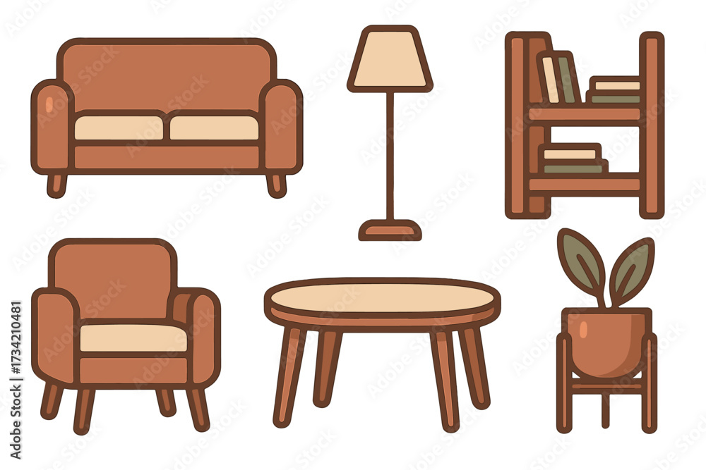 Fototapeta premium Collection of cozy living room furniture and home decor elements including sofa, armchair, lamp, bookshelf, coffee table, and houseplant