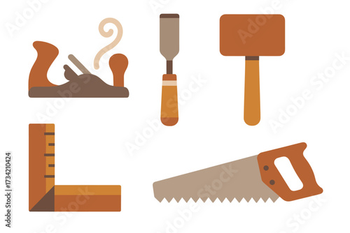 Essential woodworking hand tools collection including plane, chisel, mallet, square, and saw for carpentry and construction