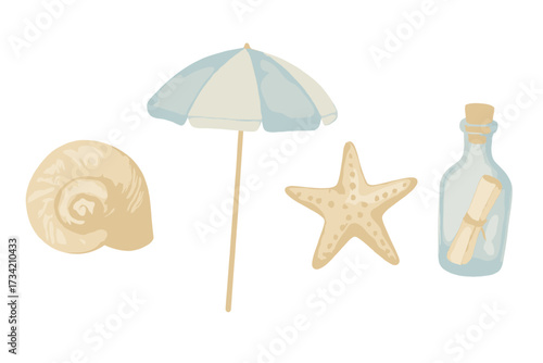 Summer beach vacation collection with striped umbrella, starfish, spiral seashell, and message in a bottle