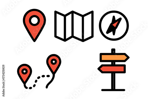 Comprehensive navigation and travel icons set featuring map, compass, location pins, and a clear directional signpost