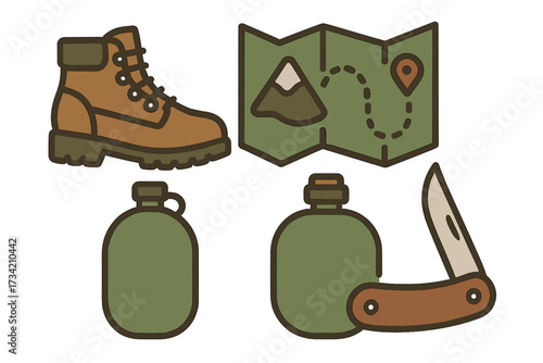 Essential items for outdoor exploration featuring a durable hiking boot, a navigational map, two water canteens, and a pocket knife