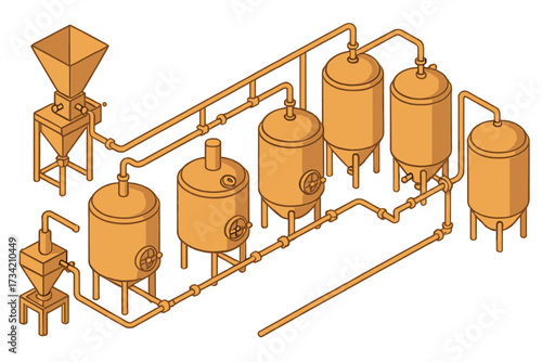 Isometric view of an industrial brewing process plant featuring large fermentation tanks and interconnected piping system