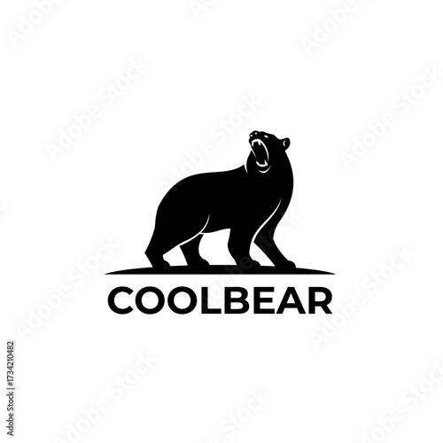 bear logo design featuring a roaring bear silhouette in bold black style, symbol of strength, wildlife, power, courage, outdoor adventure, and modern branding identity