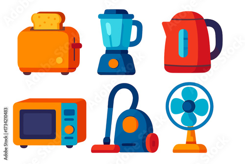 Set of essential colorful modern household kitchen and cleaning appliances including toaster blender kettle microwave vacuum cleaner and fan