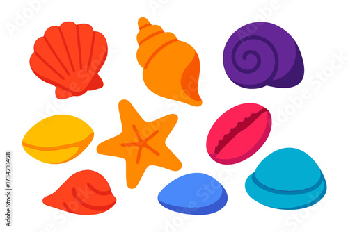 Brightly colored collection of diverse seashells starfish and smooth beach pebbles in various shapes and colors on a clean white background