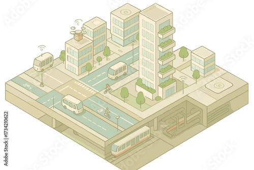 Isometric smart city with advanced transportation, green buildings, drone services, and underground utilities